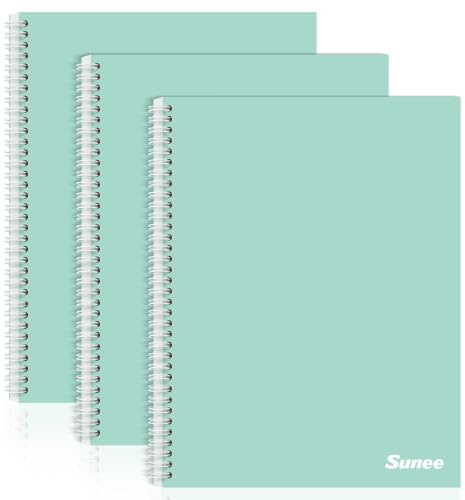 SUNEE A4 Notebook, Pack of 3 Notepads, Wirebound Notebooks, 80gsm Premium Paper, 100 Sheets / 200 Pages, 8mm Lined with Margin, 4-Hole Punched and Perforated Edge, Mint Green