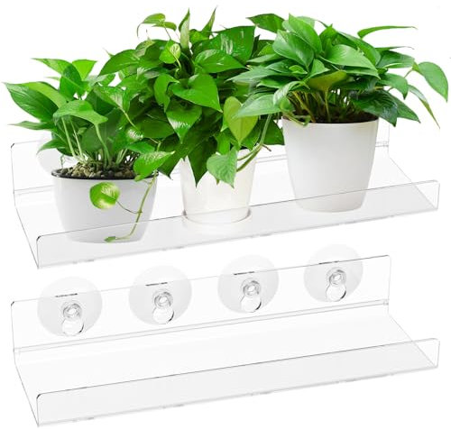 TNTGMG 2 Stück Pflanzenregale,Acryl-Fenster-Pflanzenregale, 30×10×5 cm, transparentes Regal mit 8 Saugnäpfen, strapazierfähiges, rechteckiges Regal für Blumentöpfe im Innen- und Außenbereich