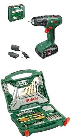 Bosch Home and Garden Perceuse-Visseuse sans fil EasyDrill 18V-40 (1 Batterie 2,0 Ah, Système 18 V, dans Coffret de Transport) + Bosch 70 pièces Ensemble de forets et de tournevis en titane X-Line