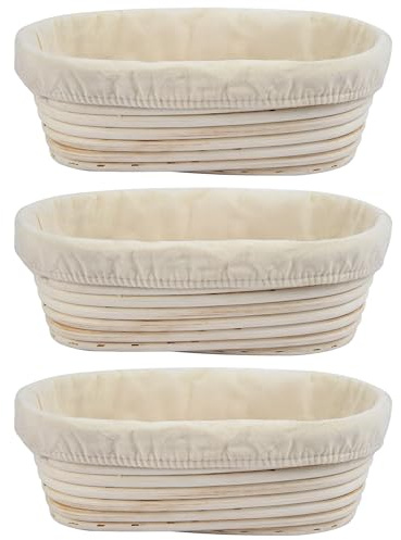 3Pcs Banneton Bread Proofing Basket, 10 inch Oval Banneton Basket,Sourdough Proofing Basket,Bread Bowl Handmade Rattan Baskets and Liners for Professional & Home Sourdough Bread Baking