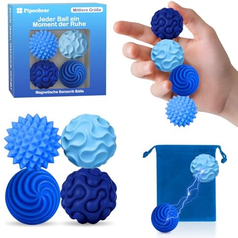 Pipoobear Fidget Toys, 4 Stück Mittelgroß Magnetische Fidget Bälle - Blau | Silikon Magnetic Fidget Balls, Magnetische Sensorik Bälle, Magnetkugeln, Silikon Sensorik Spielzeug für Erwachsene & Kinder