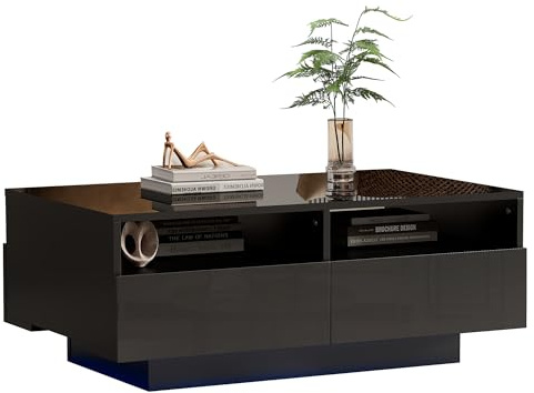 fullarrive LED Couchtisch Hochglanz Schwarz mit 4 Schubladen & Beleuchtung, Moderner Sofatisch mit 16 Farben LED Licht, Bluetooth App Steuerung, Wohnzimmer Tisch Center Table mit USB, 90x55x35
