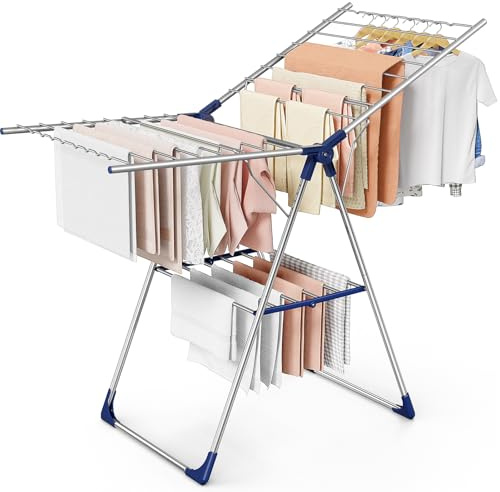 Sakugi Foldable Clothes Airer, 141 × 58 × 93 cm, Height Adjustable Wings | Laundry Room, Bedroom, Balcony, Families, Space Saving, Free Standing, Indoor Outdoor Use, Silver Blue