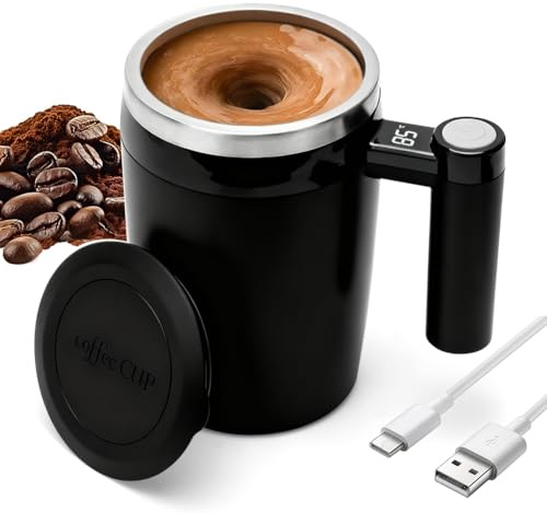 Wapasezyar Selbstrührende Tasse, Selbstrührender Becher mit Temperaturanzeige, 304 Edelstahl Magnetische Elektrischer Shaker mit Henkel für Heisse Schokolade, Kaffee, Milch (Schwarz, 400 ml)
