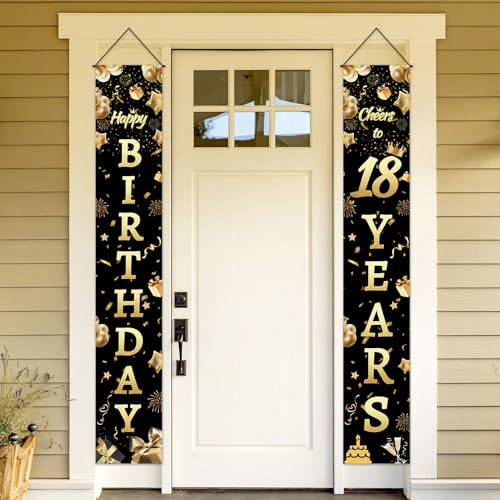 Geburtstagsdeko 18. Geburtstag Schwarz Gold Deko Set 180x30cm Türdekoration Vorhang Banner für Erwachsenwerden Party, 18. Geburtstag Junge/Mädchen Deko, Wiederverwendbar & Faltbar