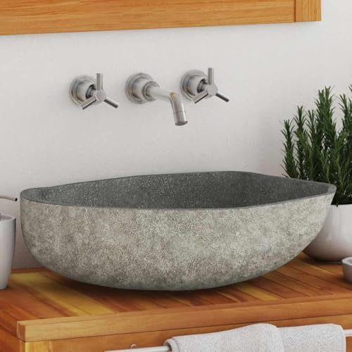 Lavabo ovalado gris topo piedra de río, lavabo grande ovalado para lavabo, lavabo de piedra natural (45-53) X(34-41) X15 cm como práctico lavabo baño