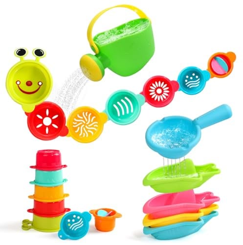 Juguete Baño Bebé 1 Año, Set de 13 Juguetes de Bañera Anti Moho con Oruga, Barquitos y Regadera, Juguetes Agua Niños para Bañera, Piscina, Playa y Jardín, Regalo 1-4 Años