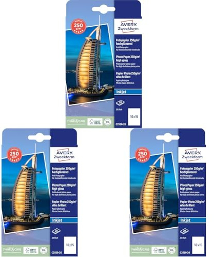 Avery Zweckform Art. C2550-20 Premium Inkjet Fotopapier (20 Blatt, 250 g/m², 10x15cm, hochglänzende Fotokarten, einseitig beschichtet, sofort trocken & wischfest, Fotoblätter für Inkjet-Drucker) weiß