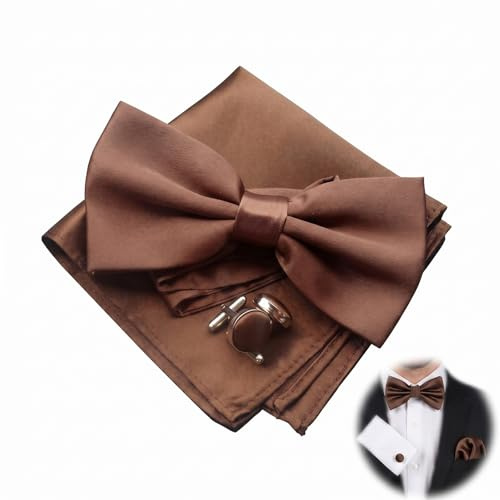 BLPRKOT Fliege Herren Set mit Einstecktuch und Manschettenknöpfen Braun, Elegante Vorgebundene Fliege für Hochzeit, Abendpartys und Formelle Anlässe, Herren Accessoires Set für Anzug