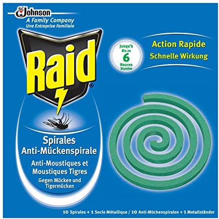 Raid Spirales Anti-Moustiques Bande, 10 Spirales, 1 Socle Métallique, Usage Extérieur, Diffusion 6h, Insecticide - Lot de 4