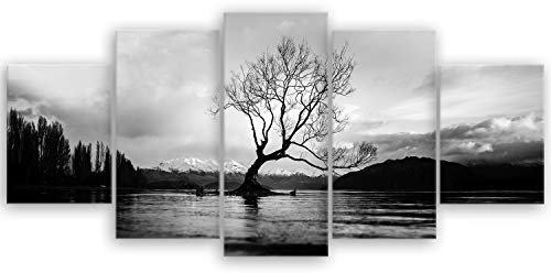Bilderdepot24 hochwertiges Leinwandbild XXL - The Wanaka Tree - Neuseeland - schwarz weiß - 150 x 70 cm mehrteilig (5 teilig)