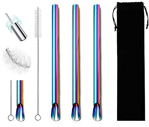Extra Wide Reusable Stainless Steel Boba Drinking Straws Spoon Fat Straws Smoothie/Bubble Tea/Milkshakes Straws with Cleaning Brush & Carry Bag 12mm/0.5 Wide (Set of 3, Rainbow)