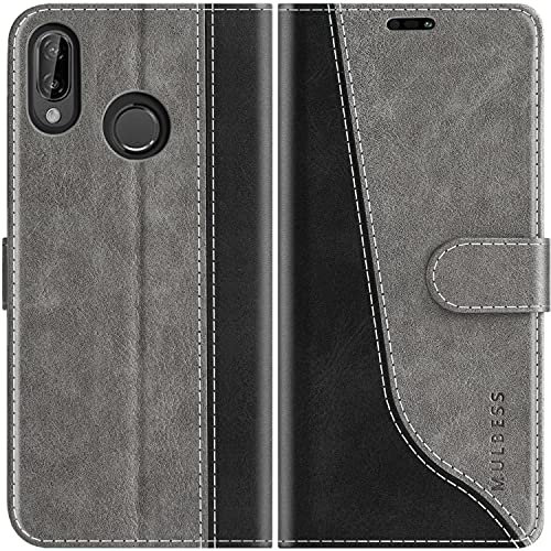 Mulbess für Huawei P20 Lite Hülle, Handyülle Leder mit Kartenfach, Klapphülle mit Magnetverschluss, Flip Case Etui Handytasche Schutzhülle, Stilvoll Grau