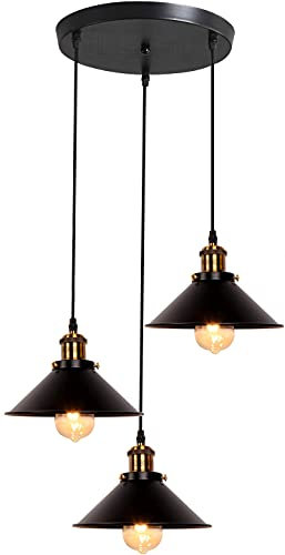 iDEGU Retro 3-flammige Pendelleuchte, Industrial Hängelampe E27 Deckenleuchte Metall Lampenschirm 22cm Design Edison Vintage Lampe Hängeleuchte für Küche Esszimmer Schlafzimmer Flur (Schwarz)