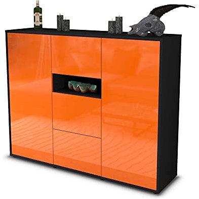 Stil.Zeit Highboard Kommode Quinta, Korpus anthrazit matt, Front Hochglanz-Design Mandarine (136x108x35cm), Push-to-Open Technik & Leichtlaufschienen