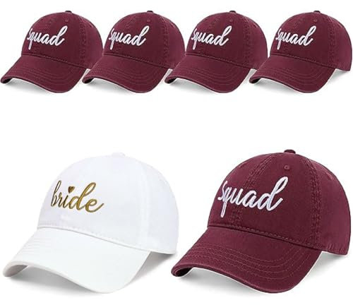 PartyGifts&beyond Bridesmaid Baseball Hat, 6Packs Bachelorette Party Hut, Bride Squad Hat for Wedding Gift, Weinrot, Medium-Large