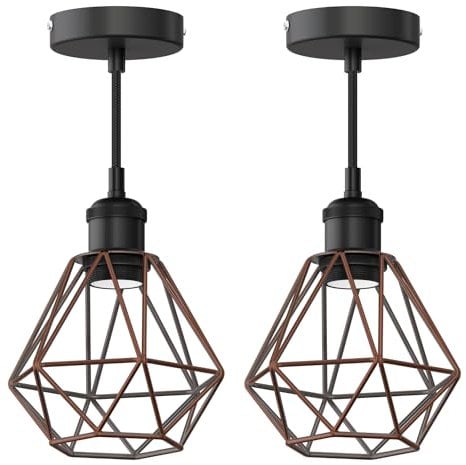 ledscom.de 2 Stück Vintage Pendelleuchte RETRA, schwarz, E27 Fassung, Käfig-Schirm, bronze