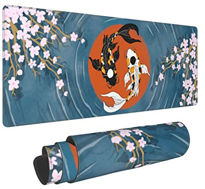Large Gaming Mouse Pad, Japanese Mouse Pads for Wireless Mouse with Cute Funny Yin Yang Koi Fish and Cherry Blossom for Women Gifts, XL Big Full Desk Mousepad Keyboard With Nonslip Base 31.5*11.8 Inch