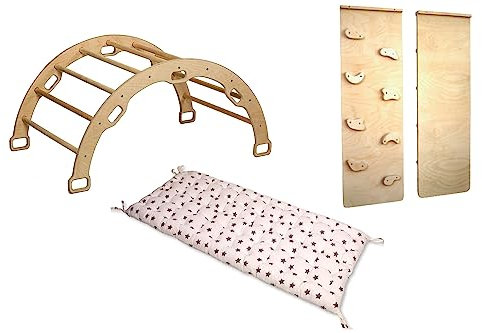 Montessori Kletterbogen | Bogen mit zweiseitiger Felswandrampe & Kissen | Hölzerner Kletterbogen & Kletterwand für Kinder | Kletterbogen Set mit Rampe und Kissen (Star)