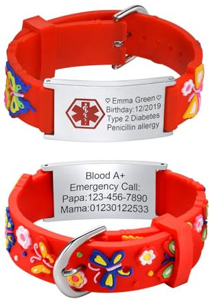 Notfallarmband Kinder SOS Armband - Personalisiert Medizinisches ID Armband Wasserdichtes Weiches Silikonband Angenehm Verstellbare Länge Cartoon Armband Namensarmband für Jungen Mädchen