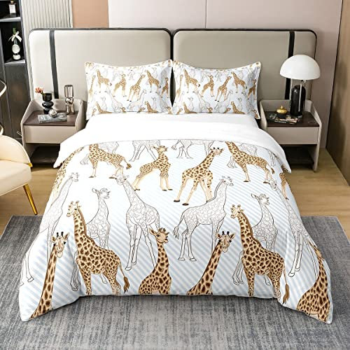 100% Bio Baumwolle Giraffe Bettbezug 155x220,Cartoon Giraffe Bettwäsche,Cartoon Tier Tröster Bezug für Kinder Jungen Mädchen,Bauernhof Safari Wildlife Bett mit1 Kissenbezug Reißverschluss&Krawatten