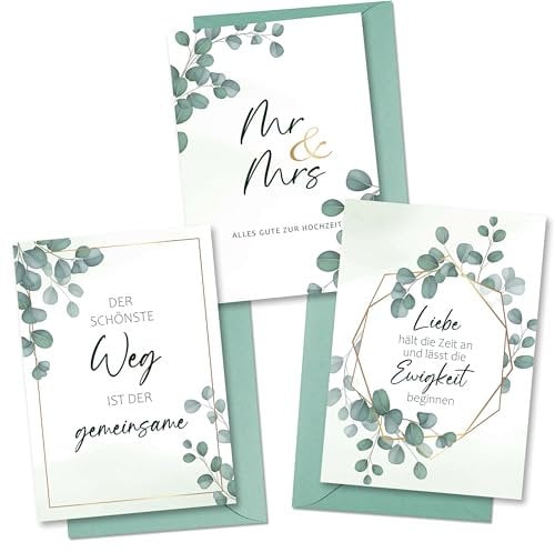 BIROYAL Hochzeitskarte 3er Set | Glückwunschkarten mit Umschlag zur Hochzeit | Liebevolle Hochzeitsgrußkarten