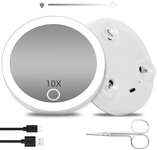 Suupvaor Reise Vergrößerungsspiegel mit Licht 10X, Beleuchteter Vergrößerungsspiegel mit 3 Saugnäpfen und Schere, 4inch Wiederaufladbarer Abblendbarer Makeup Spiegel mit 10X Vergrößerung