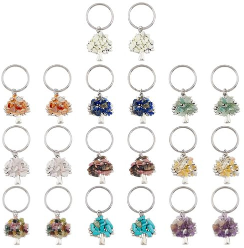 SUPERFINDINGS 20 Porte-Clés Arbre de Vie 10 couleurs avec Pierres de Cristal Naturel 304 porte Clés en Acier Inoxydable Pendentif à Breloque Fait à la Main pour Toutes Sortes de Clés