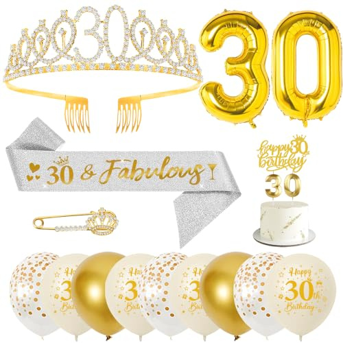 30. Geburtstag Frau Deko Set Gold, Krone Schärpe Ballons Set | Geburtstagsdeko zum 30. Geburtstag mit Krone, Schärpe, Ballons, Zahlenkerze 30 und Tortendeko für Frauen Party