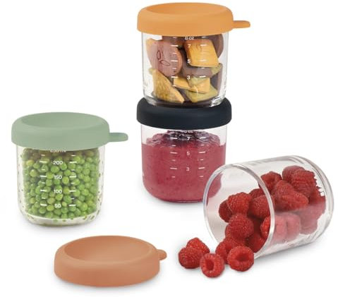 BÉABA, Coffret 4 Portions Verre Conservation Repas Bébé/Verre Extra Résistant, 100pourcent Hermétique, Résiste Choc thermique, Congélation, Stérilisation, Graduation, 250 ml, Sunrise