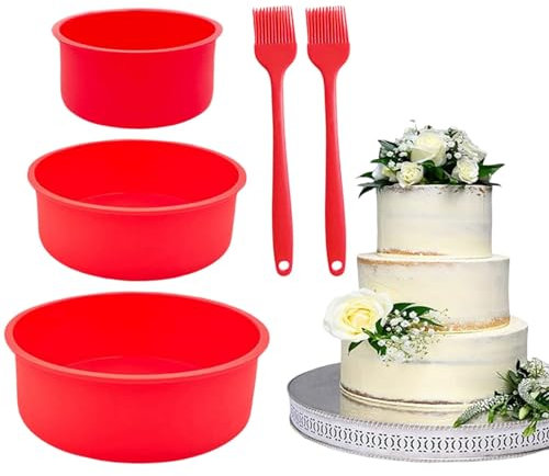 Lot De 3 Moule À Gâteau Silicone 20cm/15cm/10cm Moule Layer Rond À Gâteau Antiadhésif Plat De Cuisson En Silicone Moule Silicone Pâtisserie Pour Anniversaire (Rouge,4+6+8 Pouces)