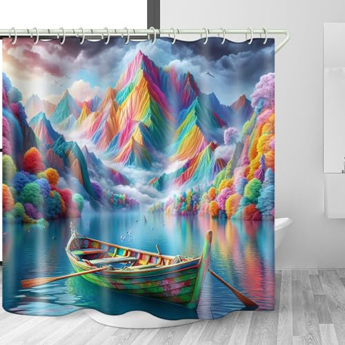 LYFANS Rideau de douche coloré en tissu imperméable, motif montagne et rivière, design unique, ensemble de rideau de douche paysage, 183 x 183 cm, avec crochet.
