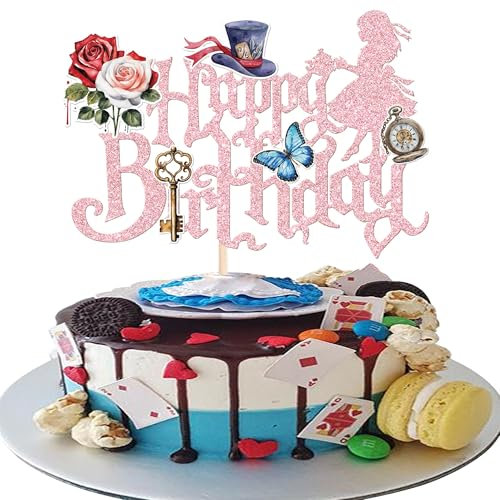 Xsstarmi 1 confezione di decorazioni per torta di compleanno Alice con glitter Alice nel paese delle meraviglie, decorazione per torte di compleanno per bambini, accessori per feste e torte,