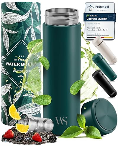 Botella de Agua Térmica Doble Pared + Inserto da Fruta y Filtro para Té | Conserva Frío y Calor sin BPA | Termo Hermético 450ml de Acero Inoxidable | Cantimplora Oficina Deporte Gimnasio Colegio
