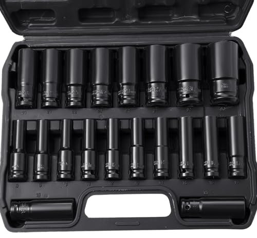 Putentfun 20PCs Deep Impact Socket Set 1/2 Inch, CR-V Drive Master Deep Impact Socket Set 8mm - 32mm, Metric, 6 Point with Black Strong Case