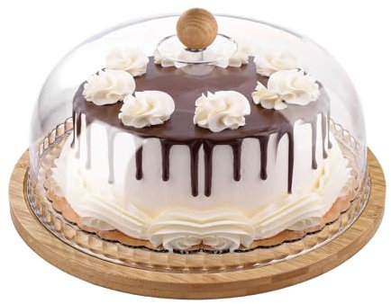 AHAQU Cake Stand with Dome Lid, 27cm/10.63 Inch Wooden Base & Acrylic Cover, Perfect for Cakes & Desserts