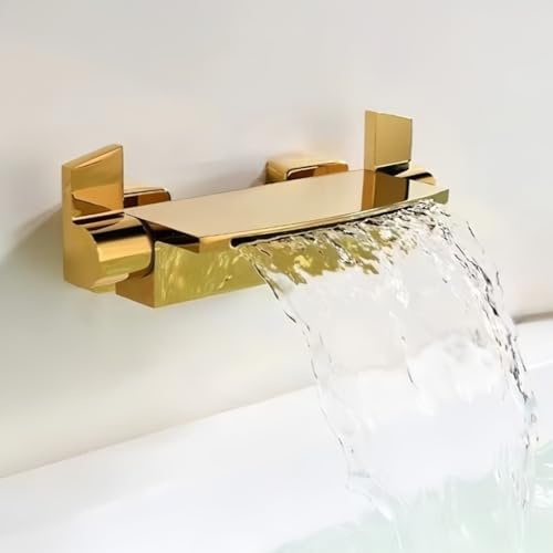 BiaoTeng Robinet Salle de Bain Cascade Baignoire Laiton Chaud et Froid Double Poignée Mitigeur de Baignoire Cascade Robinet Baignoire Or