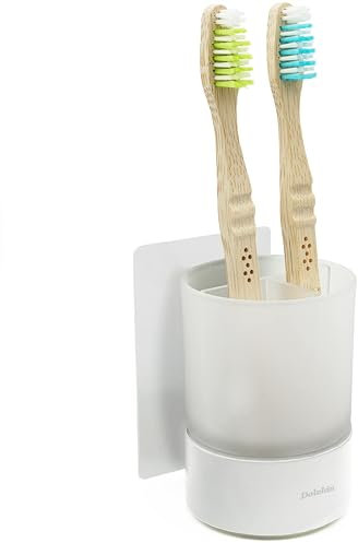 Dolvhin Zahnputzbecherhalter ohne Bohren | Milchglas Zahnputzbecher zum Kleben | Zahnbecher & Wandhalterung Zahnbürstenhalter Edelstahl | Zahnbürstenbecher & Zahnbürsten Organizer | Weiß Matt