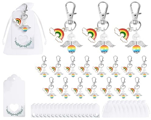 Fyshird 15 Stück Schutzengel Schlüsselanhänger Set mit Regenbogen Anhänger Geschenkanhänger Organzabeutel Gastgeschenke für Kindergeburtstag Taufe Hochzeit Einschulung LGBTQ Accessoires