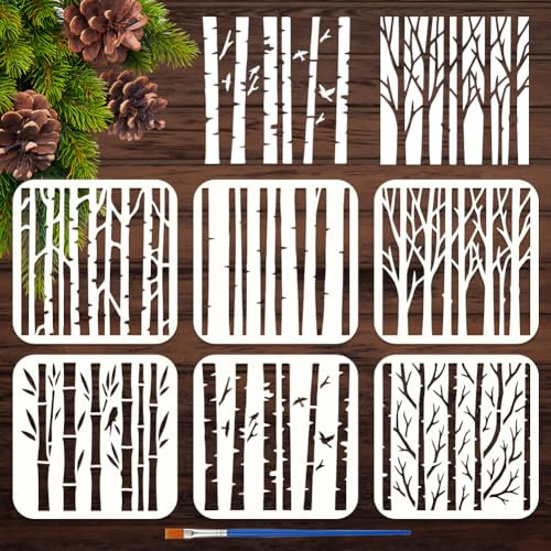 FINGERINSPIRE 6PCS Tree Trunk Stencils for Painting with Brush 15x15cm Reusable Birch Bamboo Branch Template Hollowed Flying Birds Stencil Plastic PET Plant Theme Template for Wall Decoration
