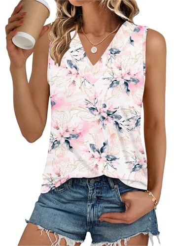 PLOKNRD Débardeur Femme Top Chic Femme Été Col V sans Manches (Fleur Blanche et Rose,S)