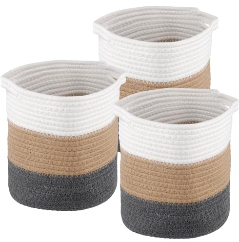 SINJEUN 3er-Set Handgefertigter Baumwollseil Übertopf Korb, 20 cm Durchmesser Weiß Beige Schwarz Blumentopf Geflochten, Pflanzen Topf für Zimmerpflanzen