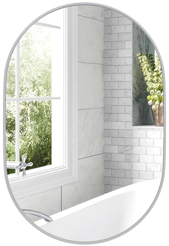 HOMCOM Oval Bathroom Mirror, Modern Wall-mounted Vanity Mirror with Wide Aluminium Frame, Tempered Glass for Living Room, Entryways, Horizontal or Vertical Hanging, 60 x 90cm, Silver