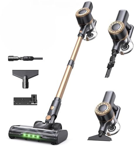 Lubluelu Akku Staubsauger Kabellos, 450W Motor & 45kPa Saugleistung, Leichter & Leiser Akku-Standstaubsauger mit LED-Anzeige, Ideal für Tierhaare, Teppiche, Hartböden & Auto, Schwarzgold