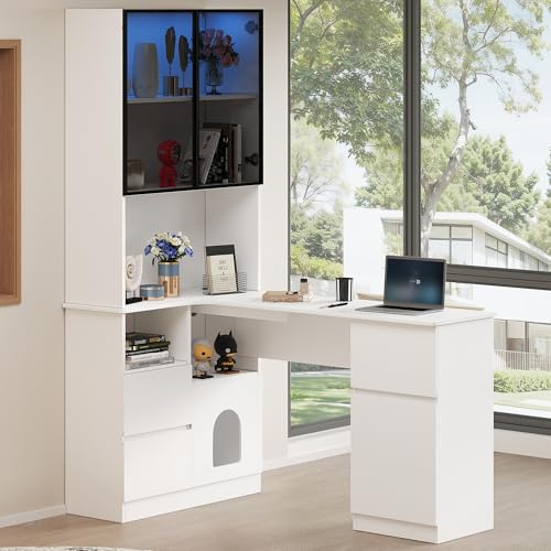 MURUL Scrivania angolare 120 x 80 x 180 cm, bianca, con vetrina a LED, scaffale, passacavi, 3 cassetti, 2 ante, scomparti aperti e scomparto per animali domestici, libreria integrata