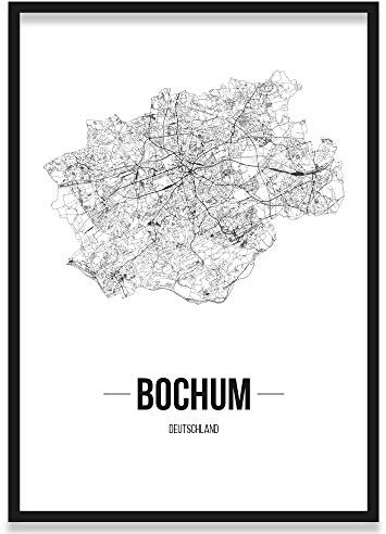 JUNIWORDS Stadtposter, Bochum, Wähle eine Größe, 21 x 30 cm, Poster mit Rahmen, Schrift B, Weiß