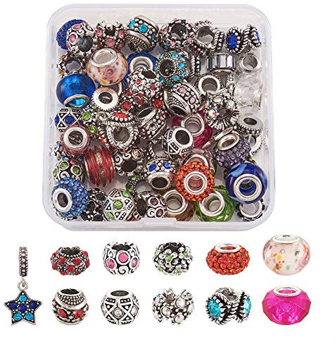 Craftdady 60 Stück sortierte europäische Strass-Perlen, großes Loch, Rondelle, Abstandshalter, Charm-Perlen, passend für Schlangenketten, Lederarmband, Schmuckherstellung