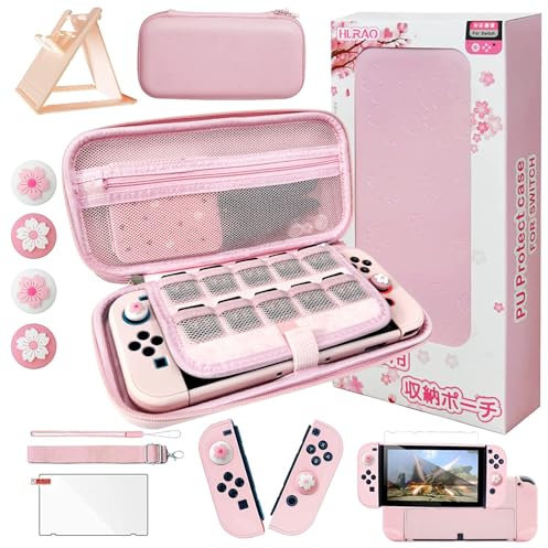HLRAO Rosa Reisezubehör Set Tasche Kompatibel mit Switch OLED ,Sakura-Design Aufbewahrungstasche case,mit Harter Schutzhülle, verstellbarem Ständer,HD Glas-Displayschutz und Daumengriff.【10-in-1】