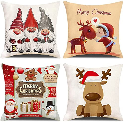 ZHAOMIMI 4er Set Dekorativ Kissenhülle Baumwolle Leinen Kissenbezug Dekokissen Sofakissen für Couch, Auto, Schlafzimmer 45x45 cm (Weihnachten Zwerg Rentier)