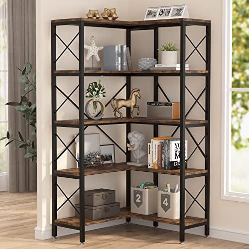 Tribesigns Corner Bookshelf, Large Modern Corner Bookcase, Tall Corner Shelf Storage Display Rack with Metal Frame for Living Room Home Office (Rustic Brown) (5-Shelf)